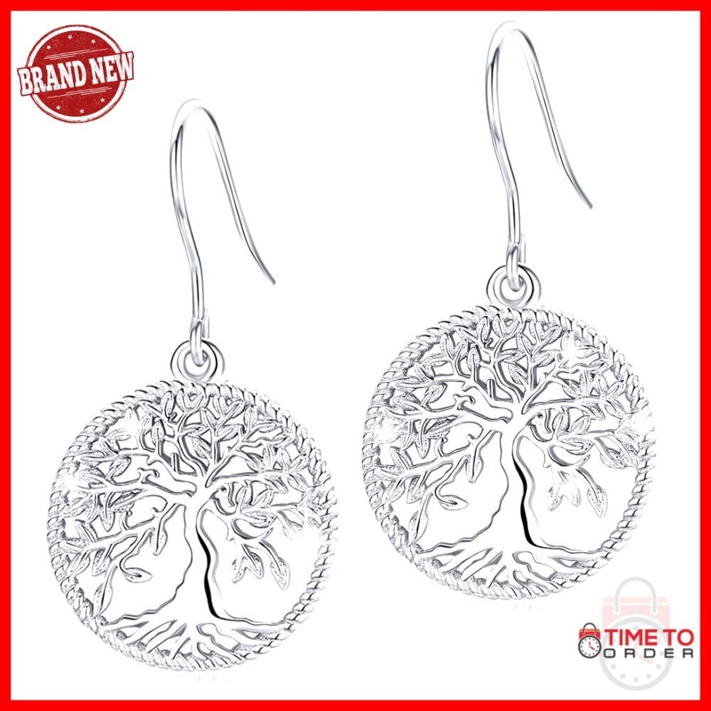 Sterling Silver Teardrop Dangle Earrings with Tree Design, Hypoallergenic